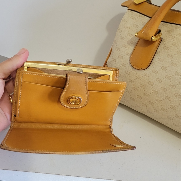GUCCI Coated Canvas/Leather Matching BAG & Wallet SET🔥IVORY/Camel🤩VGUC/Vintage - Picture 7 of 16